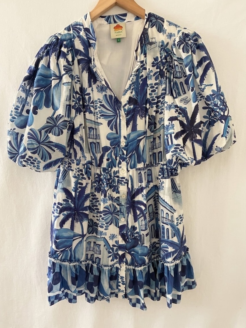 Farm Rio Blue White Mediterranean Tile Palm Tree Puff Sleeve Mini Dress Large